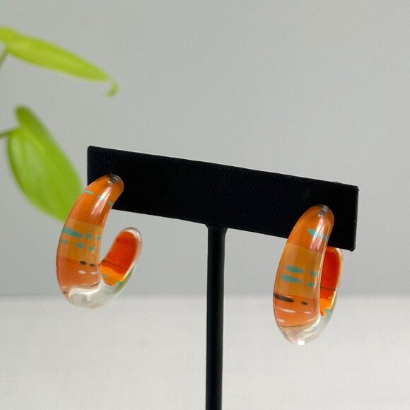 Mod Lucite Hoop Earrings Orange & Blue 1.25" Retro Minimalist Style - Picture 3 of 6
